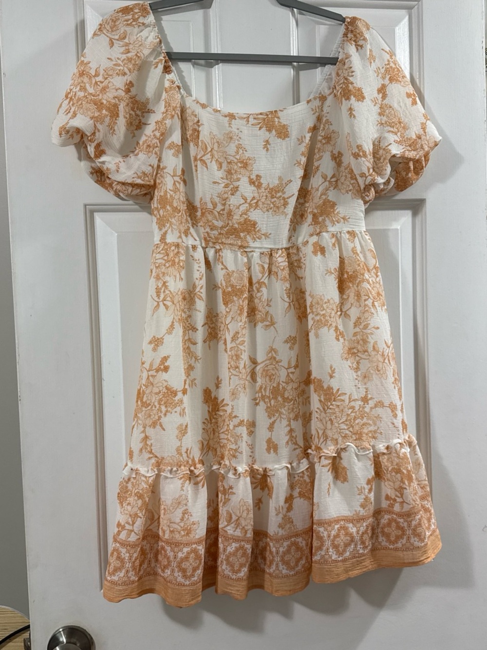 Blu Pepper Cream Dress with Orange Floral Print and Puff Sleeves